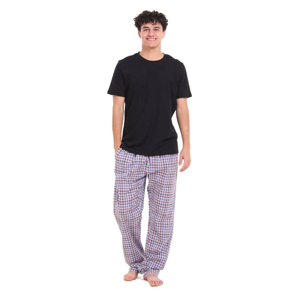 Men summer pajama set Black T-shirt   Black x Dark purple Checkered Pants