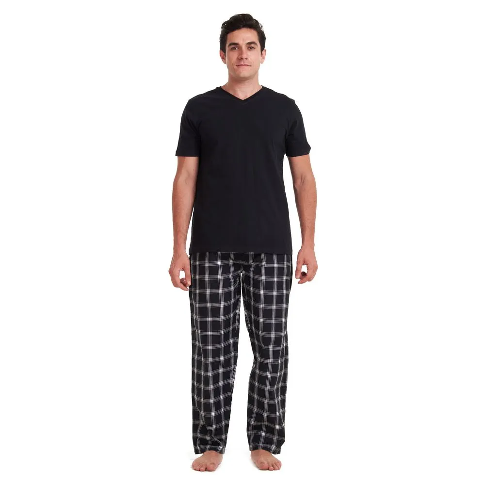 Men summer pajama set Black T-shirt   Black x Grey checkered pants