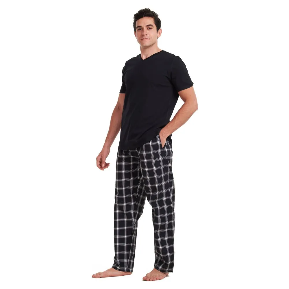 Men summer pajama set Black T-shirt   Black x Grey checkered pants