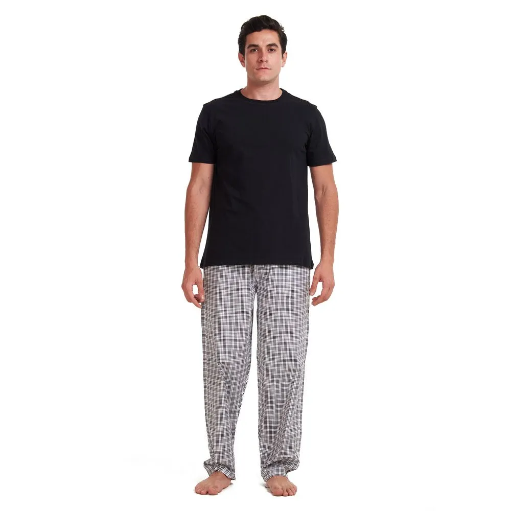 Men summer pajama set Black T-shirt   White x Black checkered pants