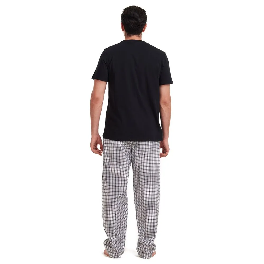 Men summer pajama set Black T-shirt   White x Black checkered pants