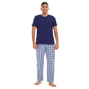 Men summer pajama set Dark blue t-shirt  aqua x blue checkered Pants