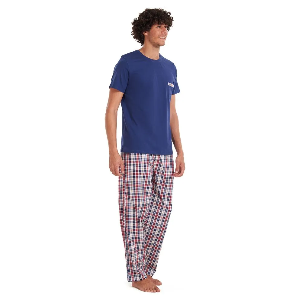 Men summer pajama set Dark blue T-shirt   Maroon checkered pants