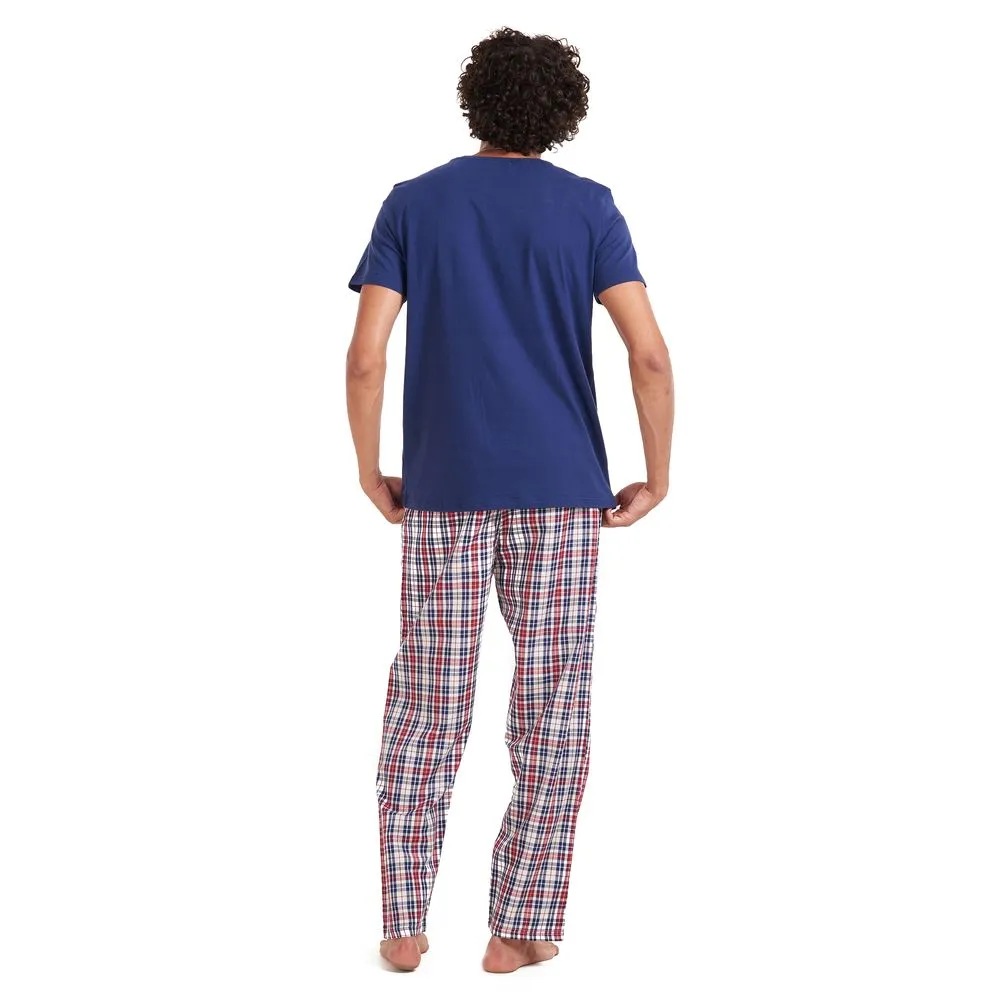 Men summer pajama set Dark blue T-shirt   Maroon checkered pants