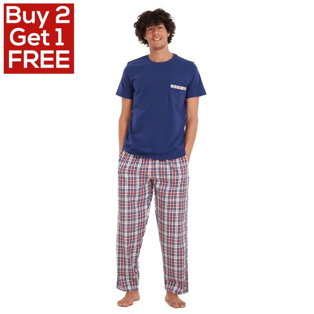 Men summer pajama set Dark blue T-shirt   Maroon checkered pants