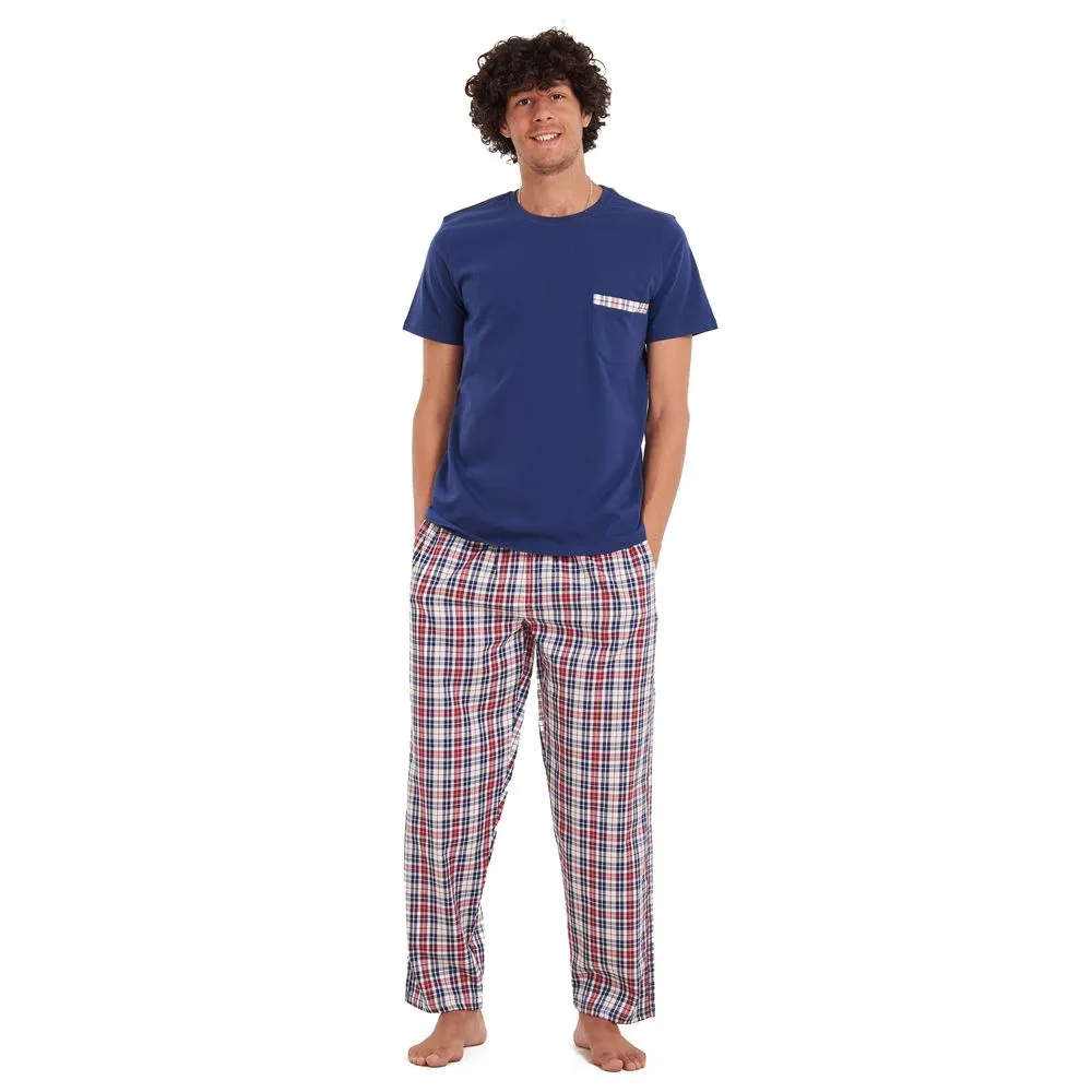 Men summer pajama set Dark blue T-shirt   Maroon checkered pants