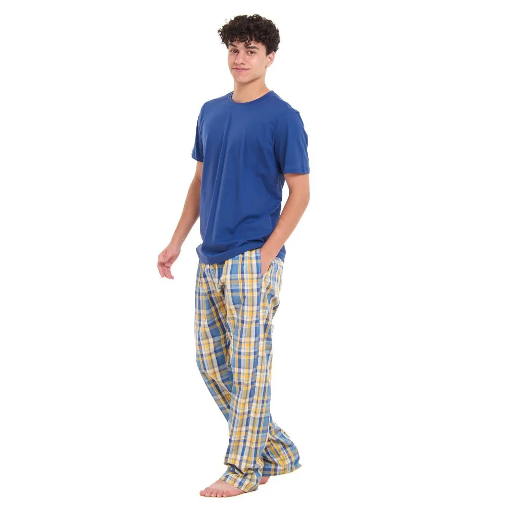 Men summer pajama set Indigo T-shirt   Mustard x Blue Checkered Pants