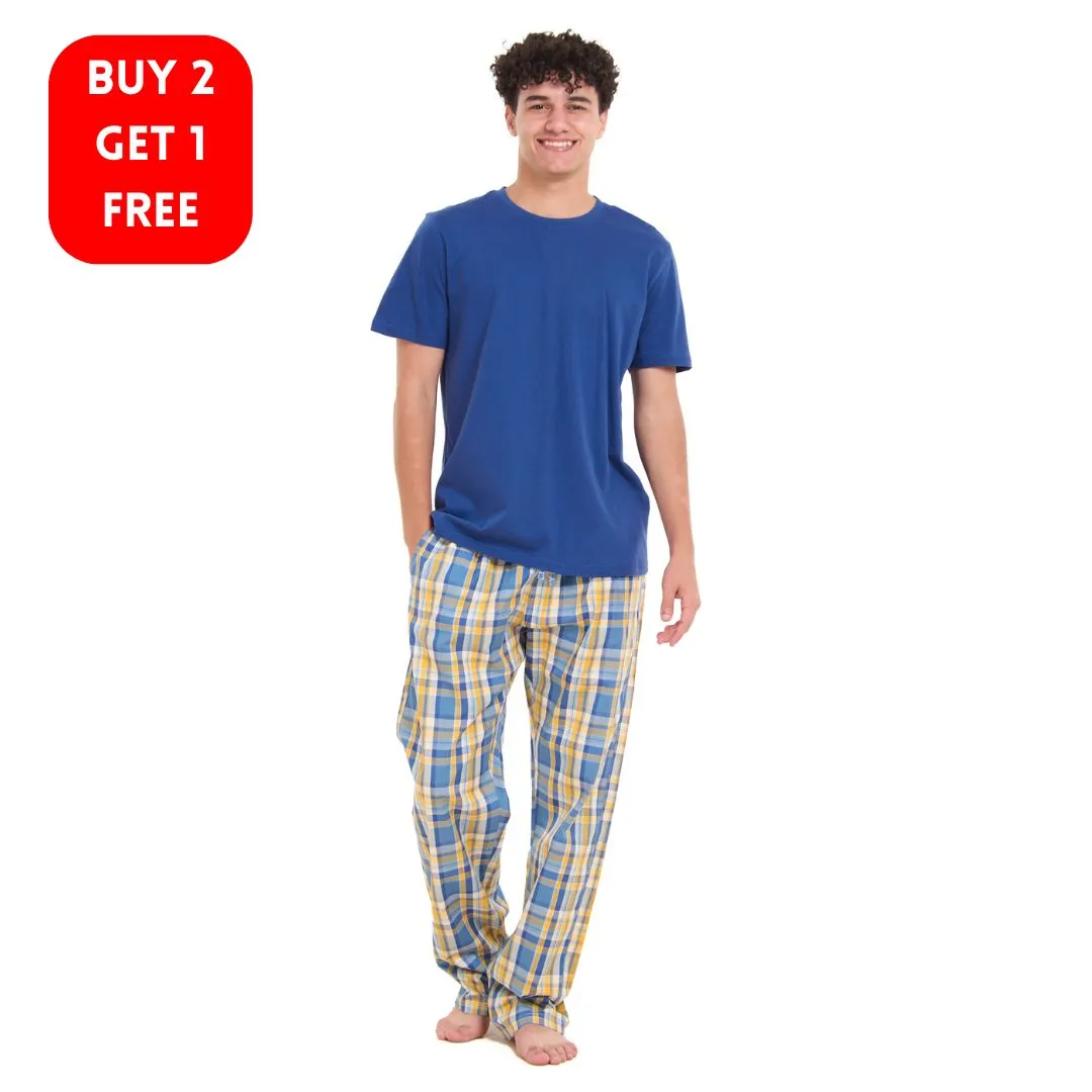 Men summer pajama set Indigo T-shirt   Mustard x Blue Checkered Pants