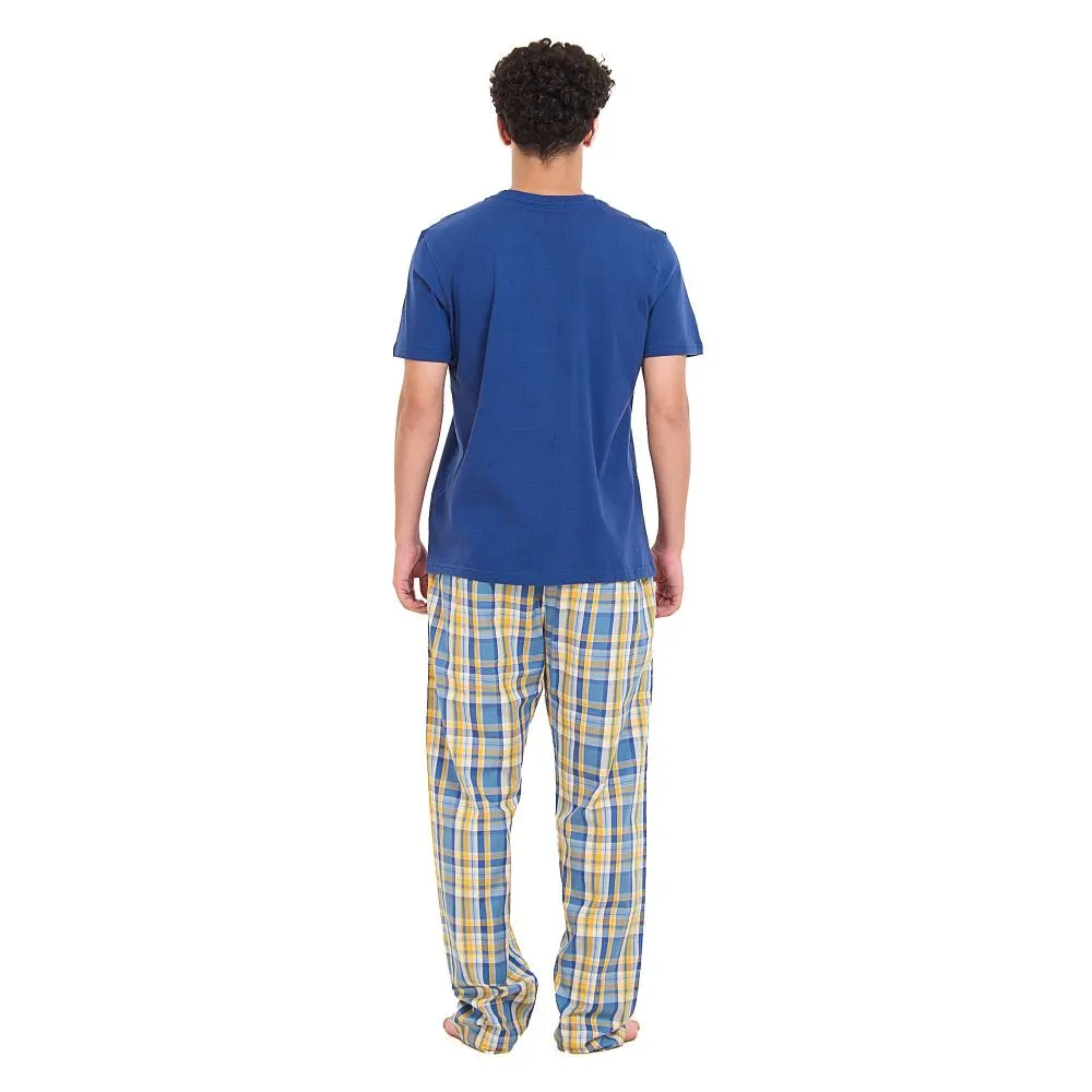 Men summer pajama set Indigo T-shirt   Mustard x Blue Checkered Pants