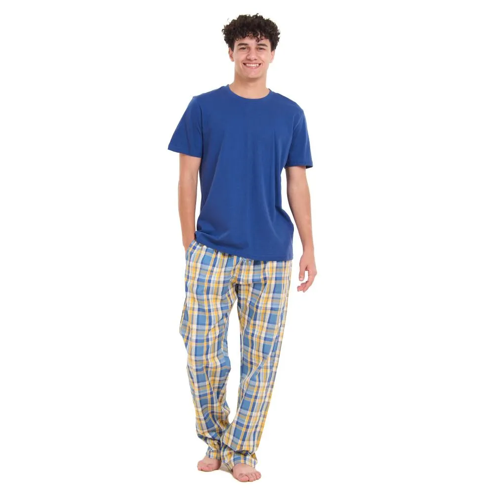 Men summer pajama set Indigo T-shirt   Mustard x Blue Checkered Pants