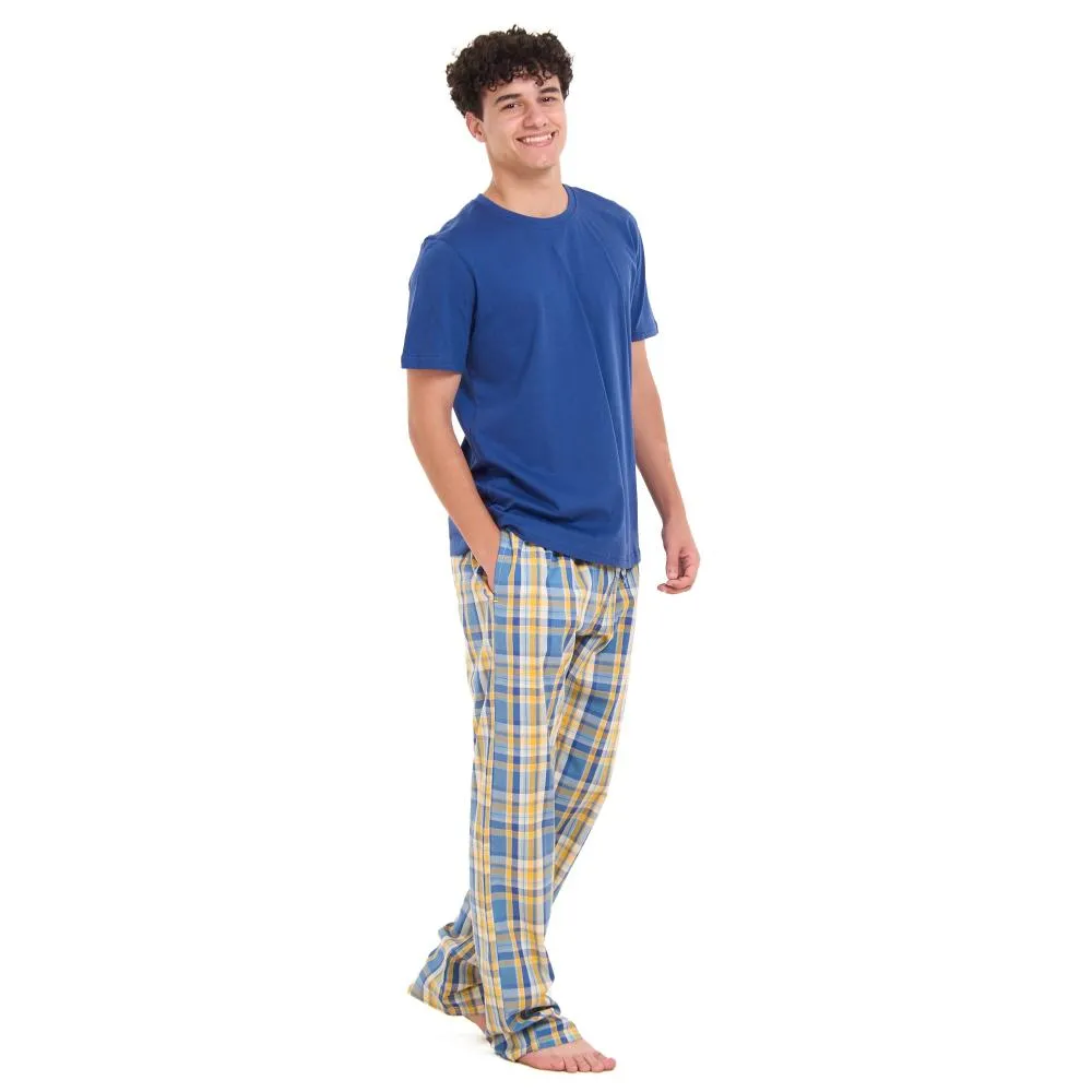 Men summer pajama set Indigo T-shirt   Mustard x Blue Checkered Pants