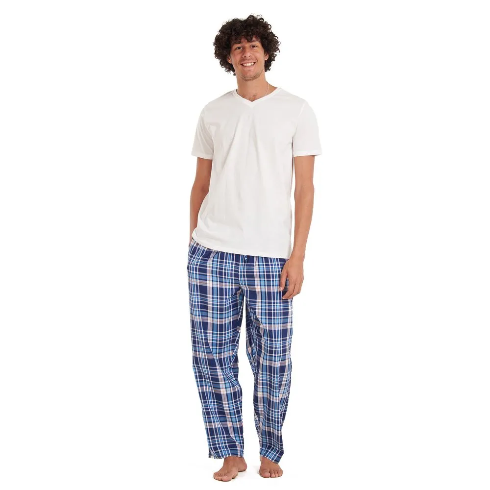 Men summer pajama set Off-white T-shirt   Blue checkered pants