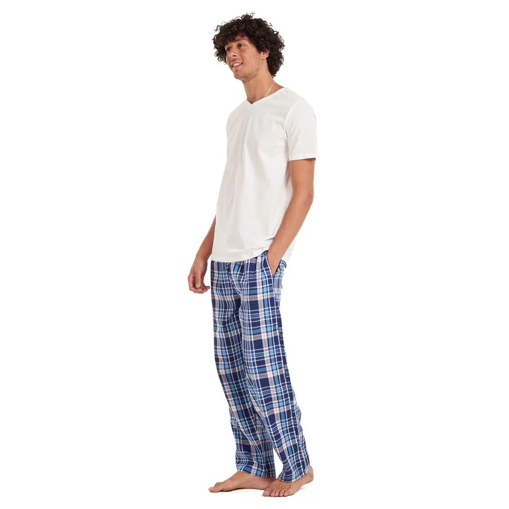 Men summer pajama set Off-white T-shirt   Blue checkered pants