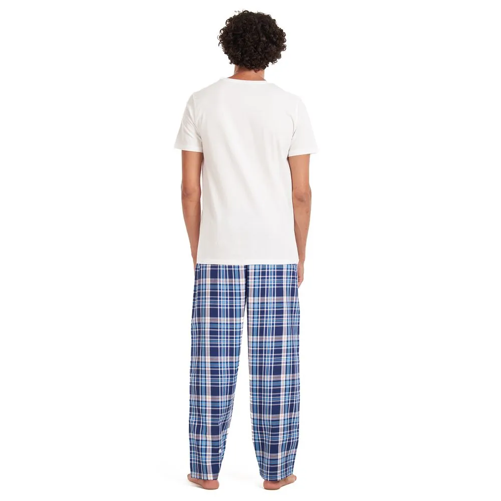 Men summer pajama set Off-white T-shirt   Blue checkered pants