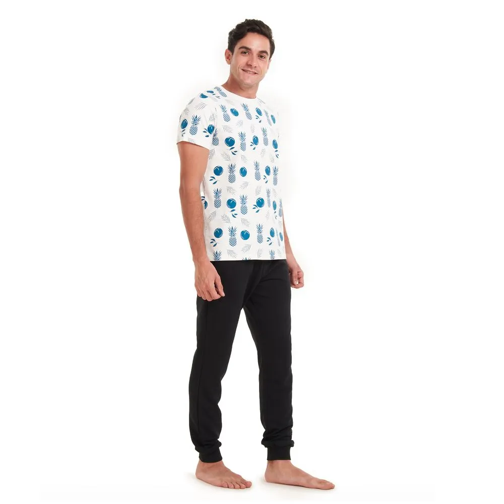 Men summer pajama set Pineapple T-shirt  Black pants