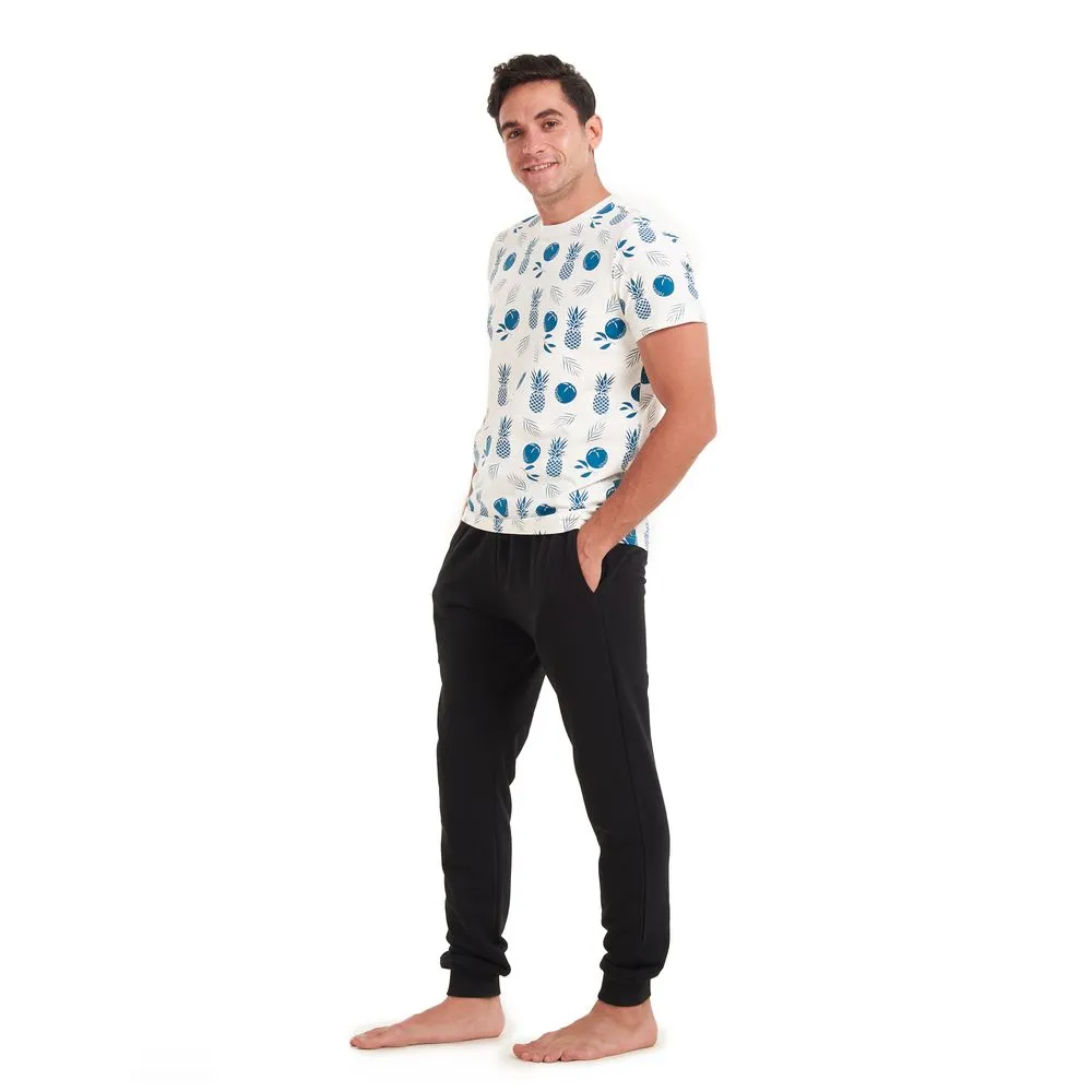 Men summer pajama set Pineapple T-shirt  Black pants