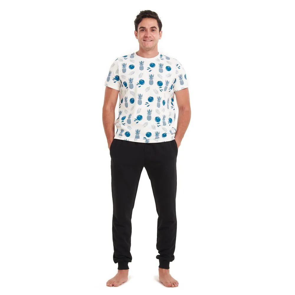 Men summer pajama set Pineapple T-shirt  Black pants