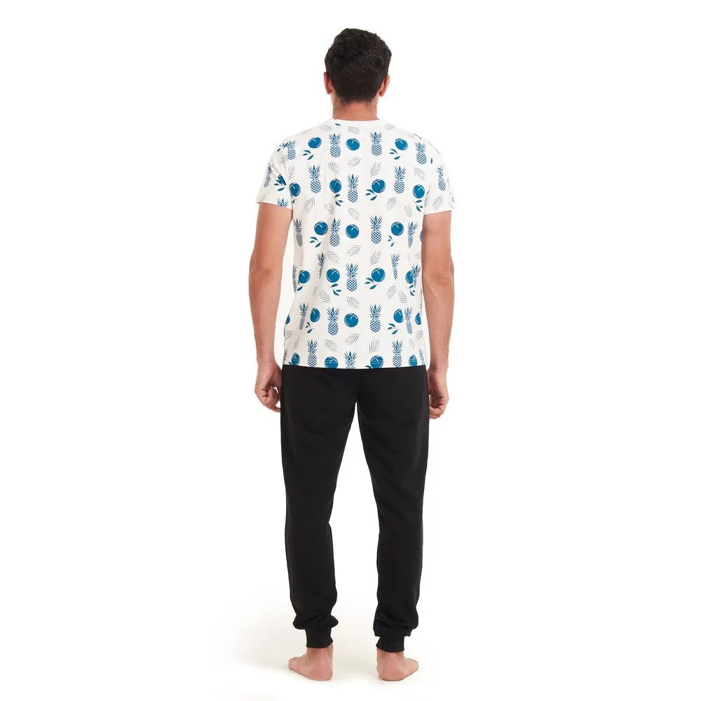 Men summer pajama set Pineapple T-shirt  Black pants