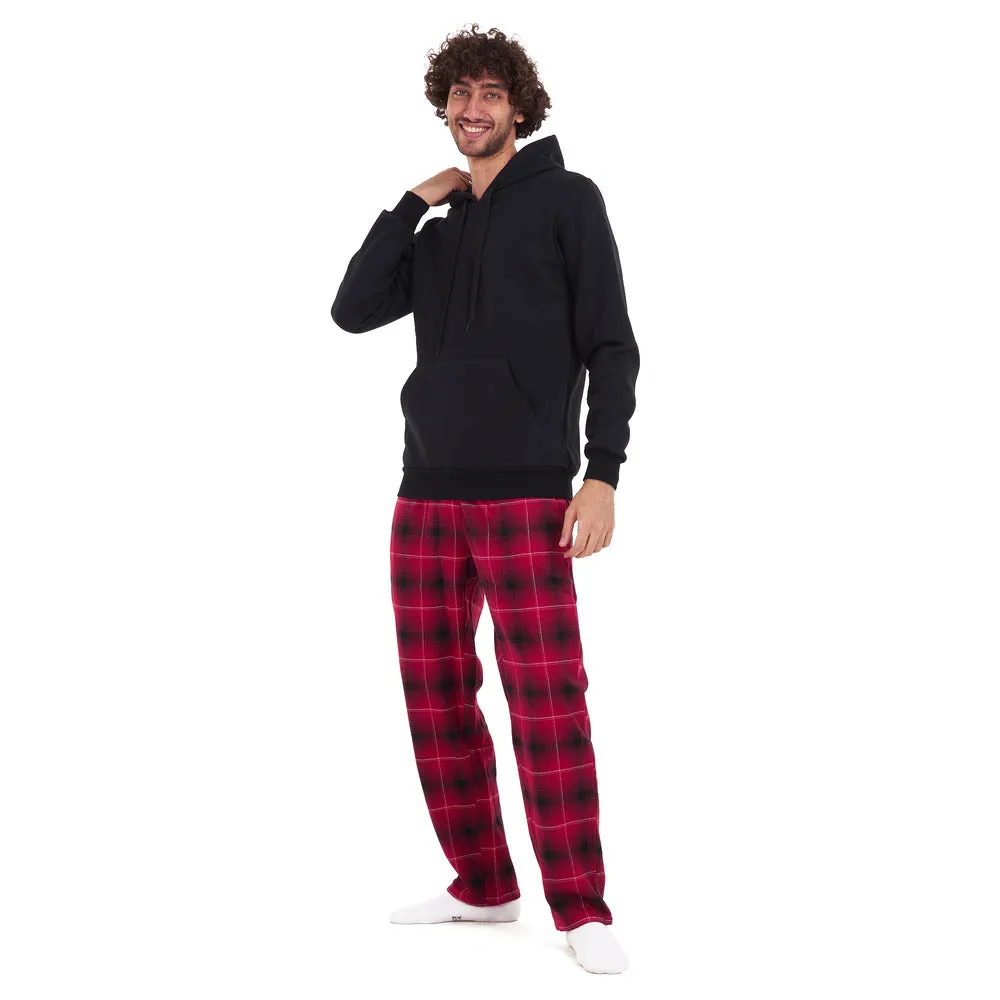 Men Winter Pajama Set Black sweatshirt  Red checkered Pants