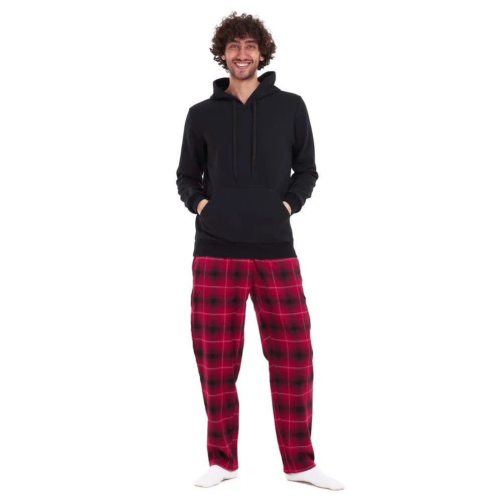 Men Winter Pajama Set Black sweatshirt  Red checkered Pants