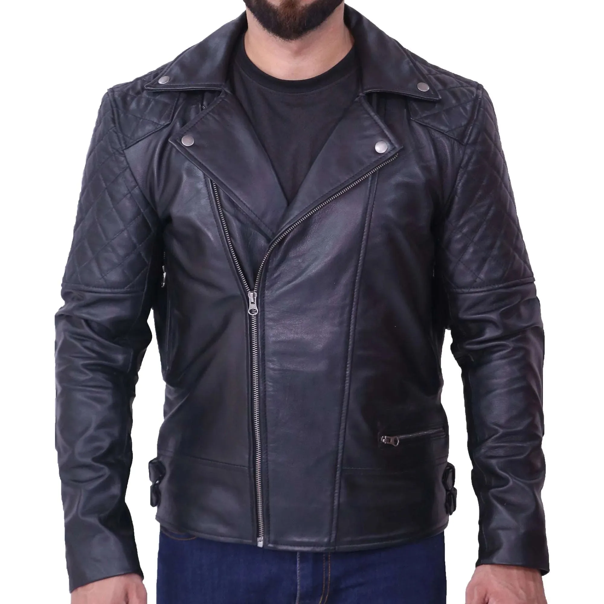 Men's Black Biker Asymmetrical Quilted Leather Jacket