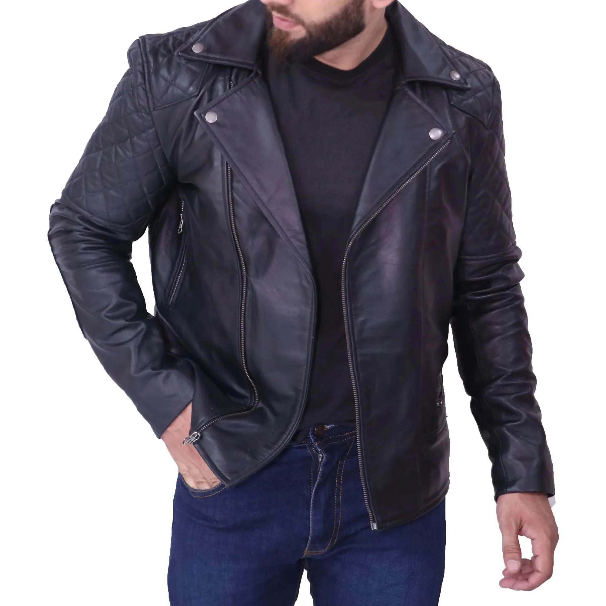 Men's Black Biker Asymmetrical Quilted Leather Jacket