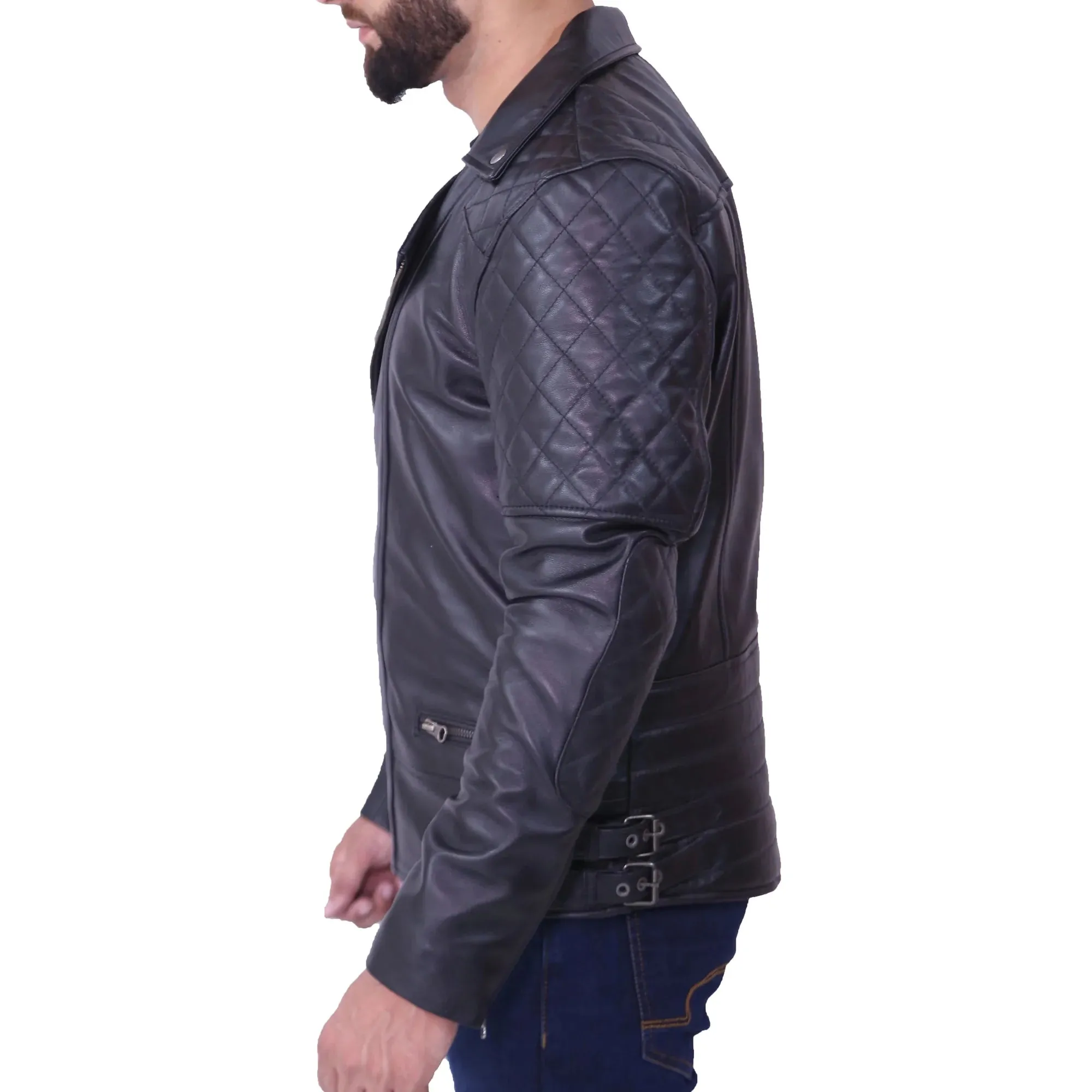 Men's Black Biker Asymmetrical Quilted Leather Jacket