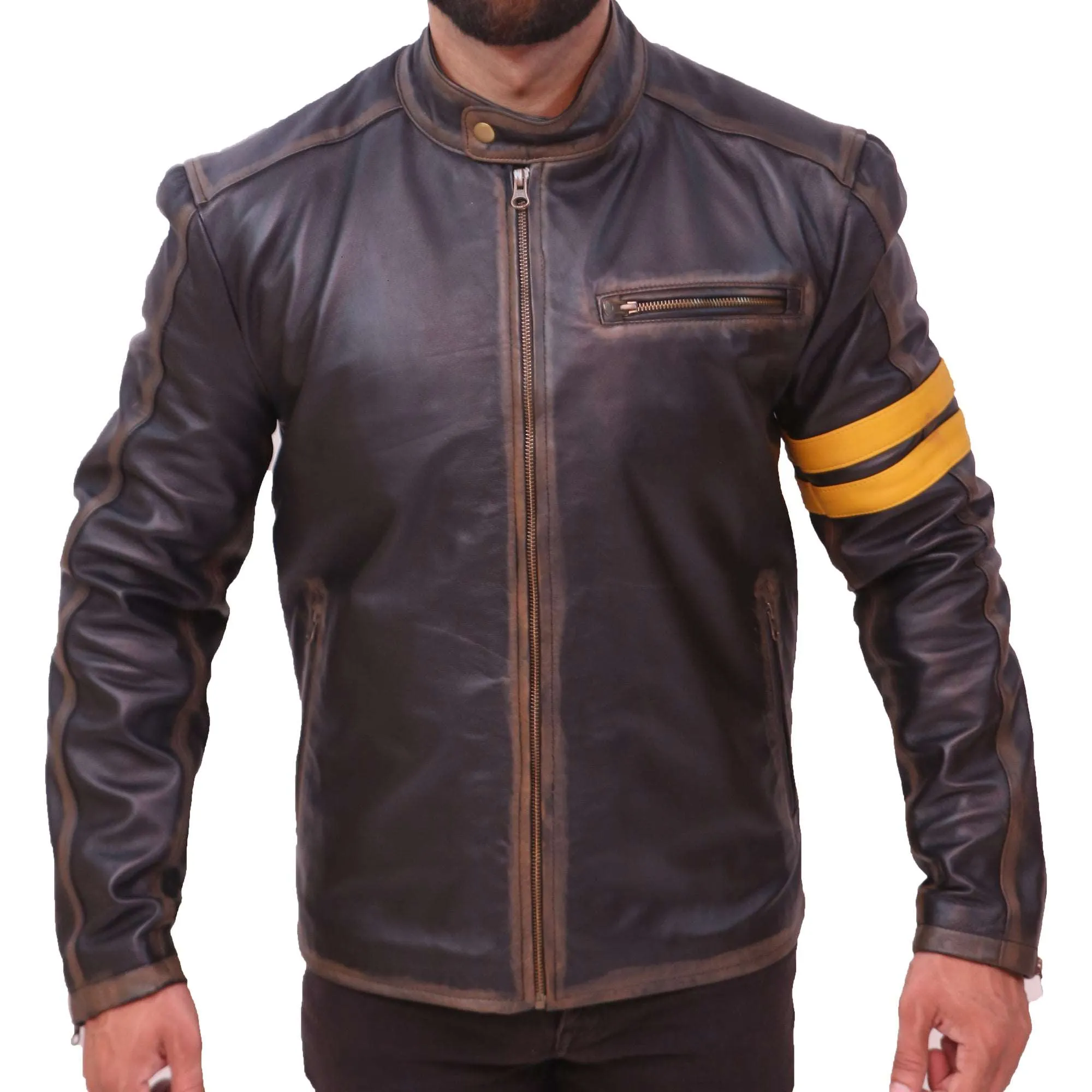 Men's Black Cafe Racer Leather Jacket With Yellow Strip