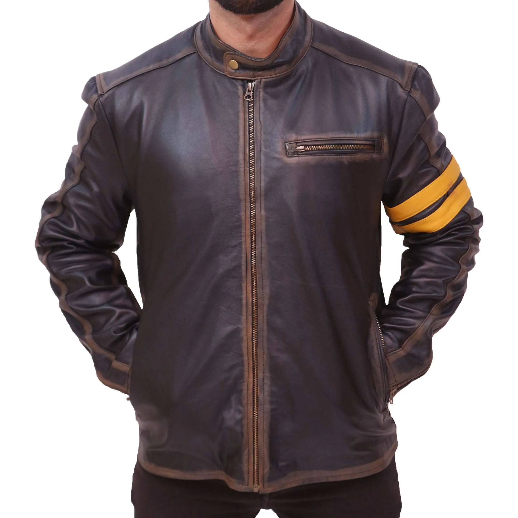 Men's Black Cafe Racer Leather Jacket With Yellow Strip