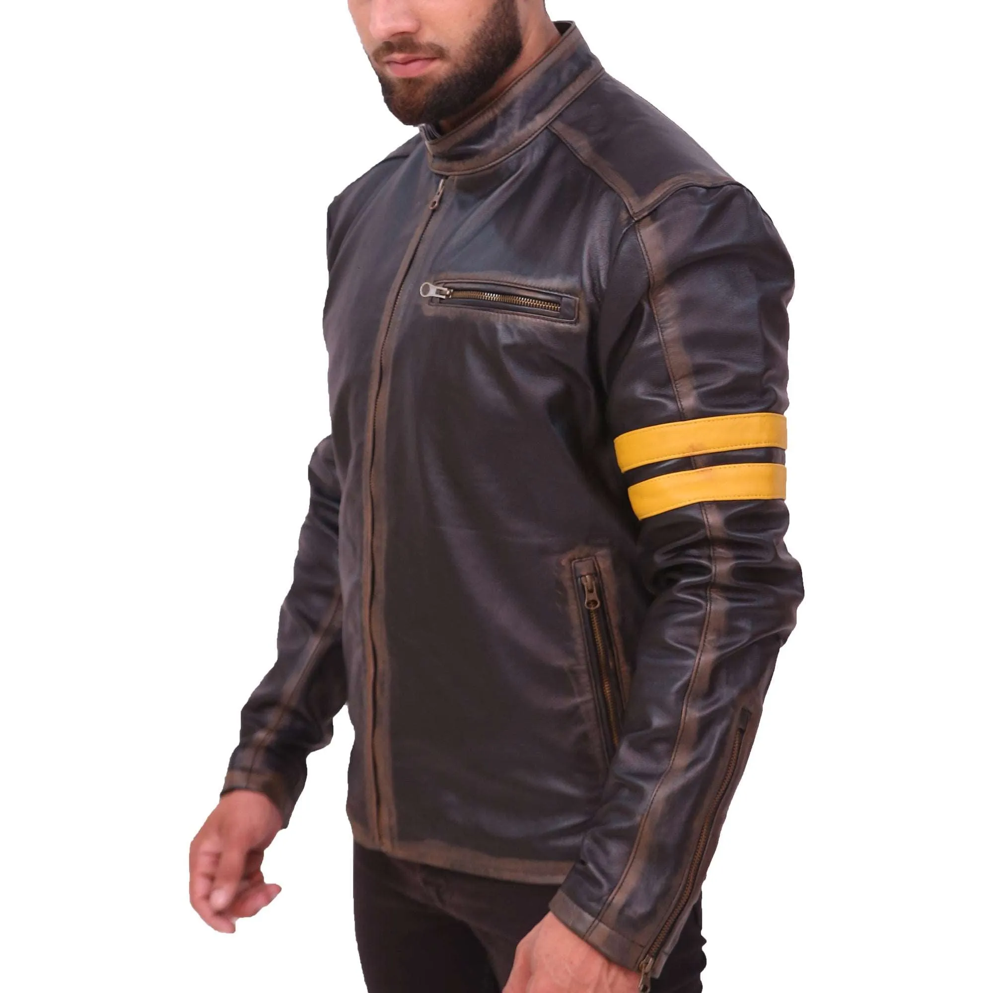 Men's Black Cafe Racer Leather Jacket With Yellow Strip