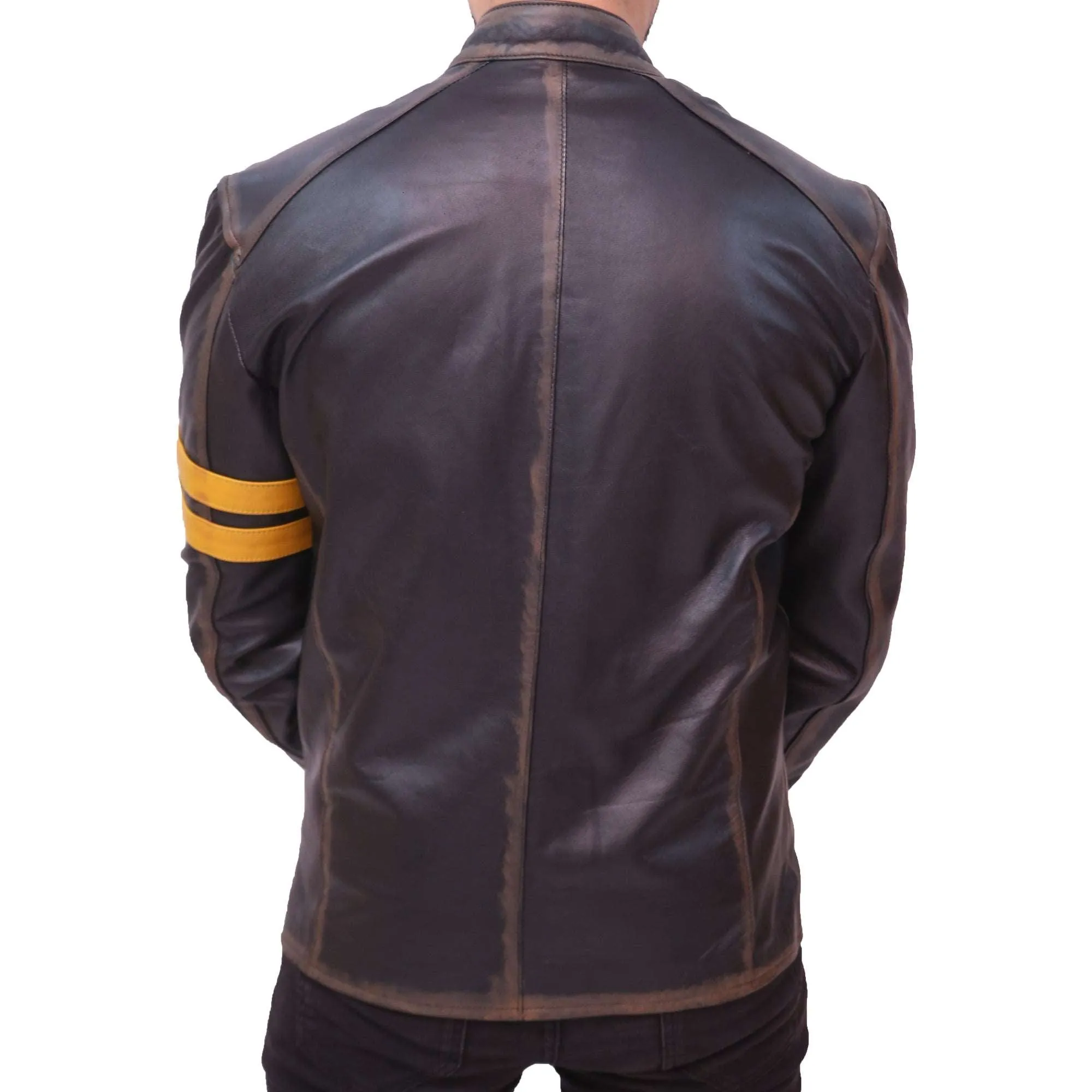 Men's Black Cafe Racer Leather Jacket With Yellow Strip