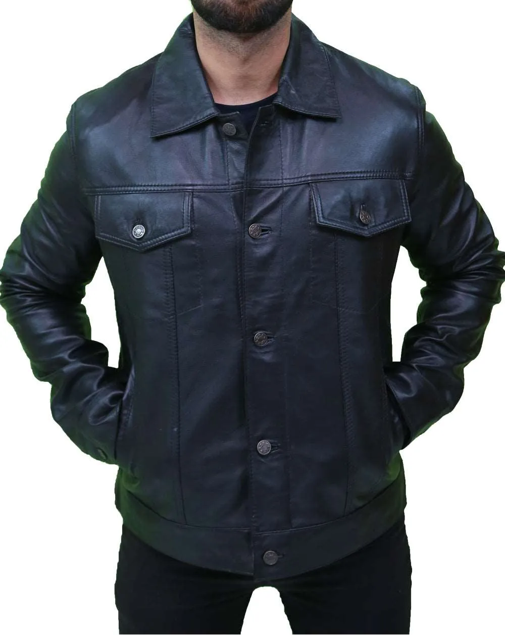 Men's Vintage Black Leather Trucker Jacket