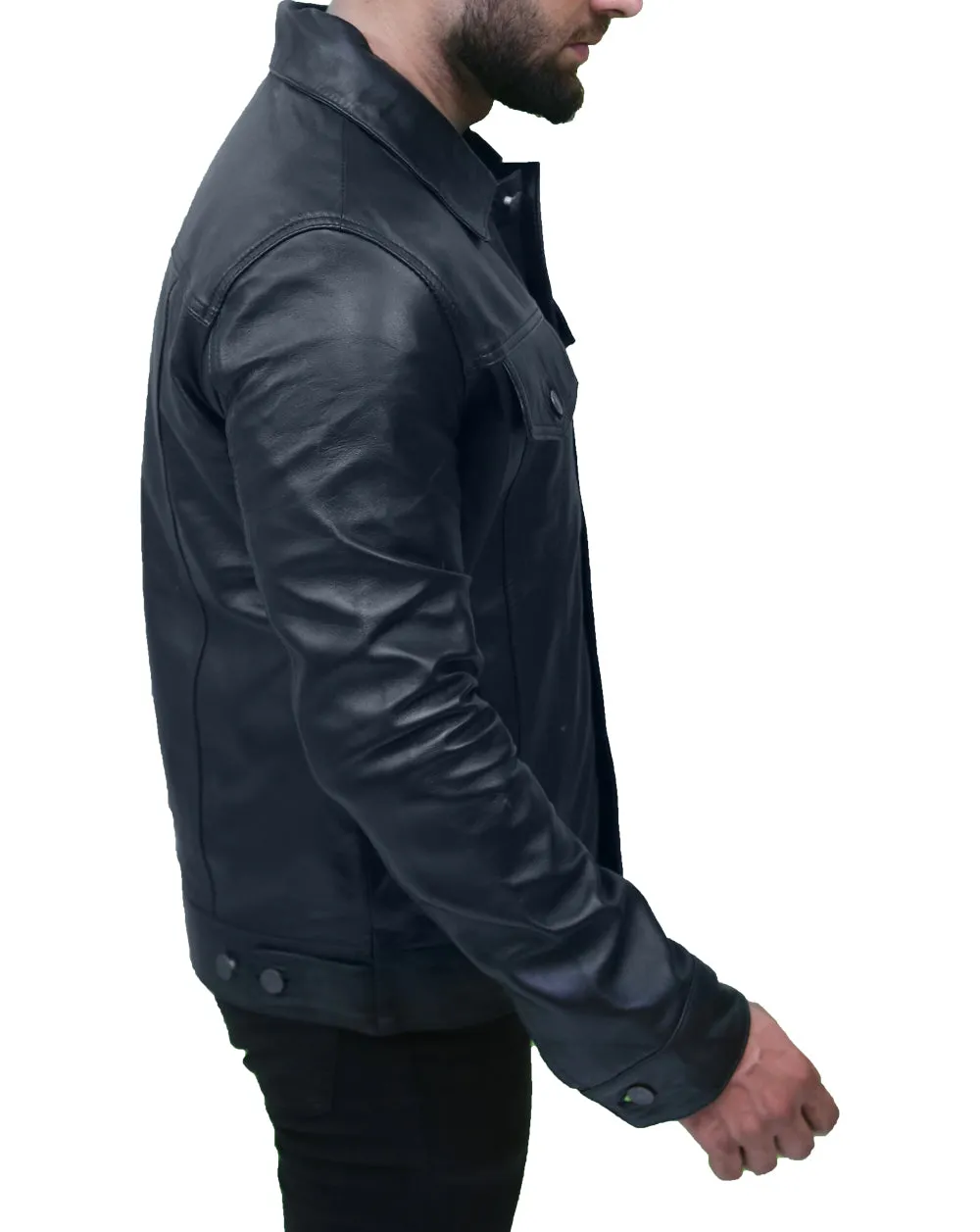 Men's Vintage Black Leather Trucker Jacket