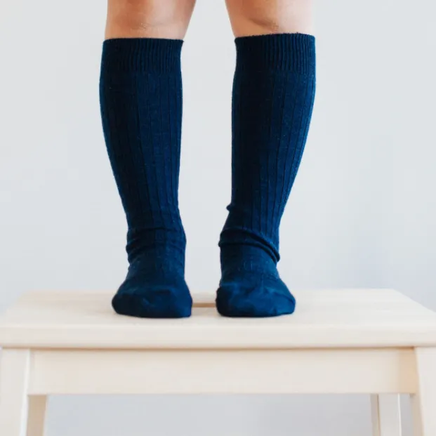 Merino Wool Knee High Rib Socks - Navy