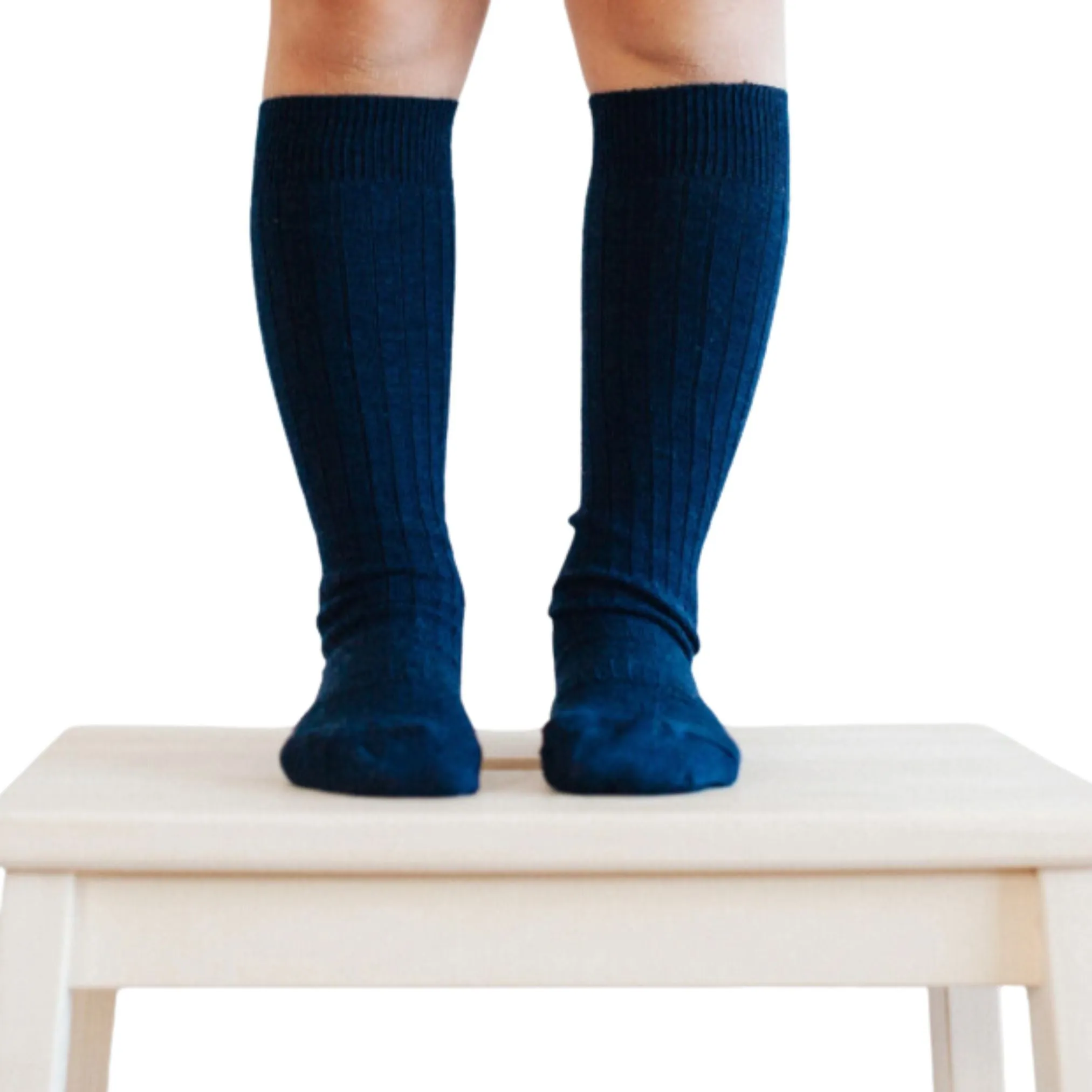 Merino Wool Knee High Rib Socks - Navy