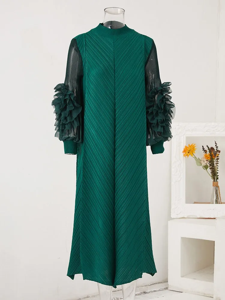 Miyake Pleated Ruffles Long Sleeve Maxi Dress