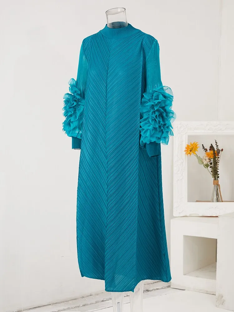 Miyake Pleated Ruffles Long Sleeve Maxi Dress