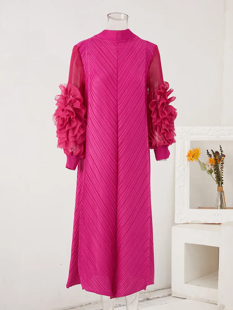 Miyake Pleated Ruffles Long Sleeve Maxi Dress