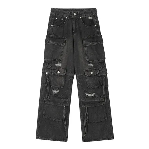 Multi Pocket Distressed Ripped Baggy Jeans for Men