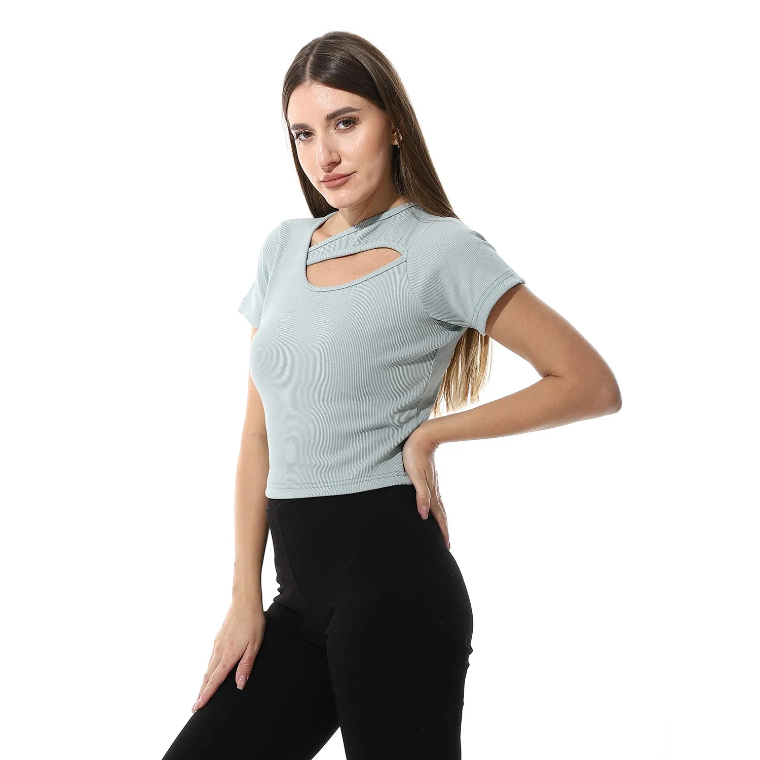 Multicolor Short Sleeves Top With Ribbed