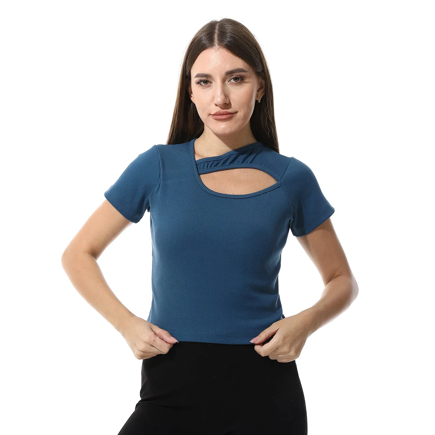 Multicolor Short Sleeves Top With Ribbed