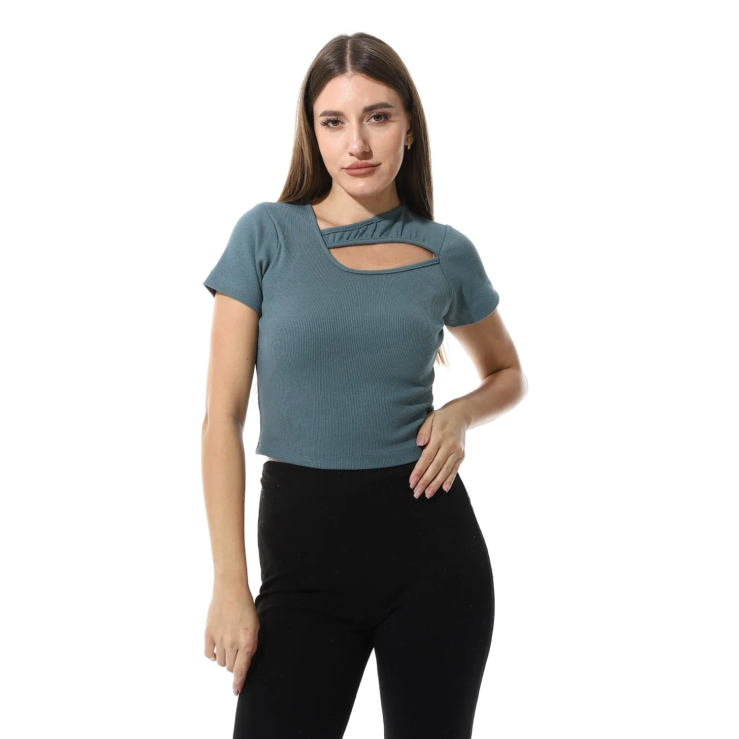 Multicolor Short Sleeves Top With Ribbed