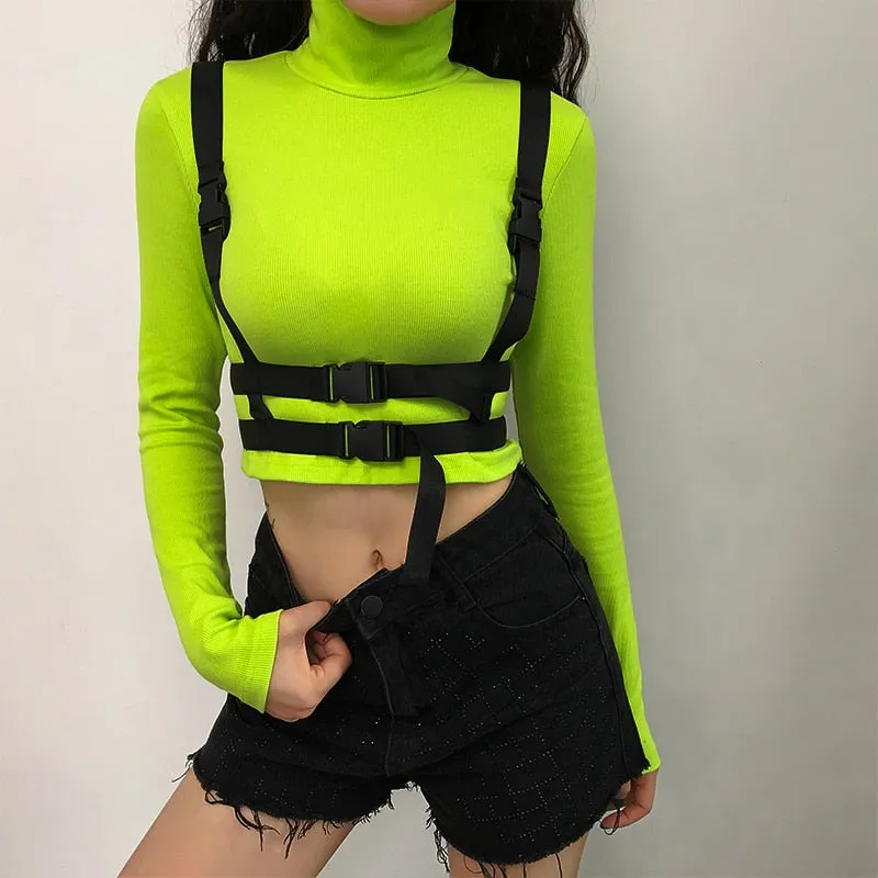 Neon Color Autumn Patchwork Buckle Safari Style Turtleneck Long Sleeve Crop Top Long Sleeve