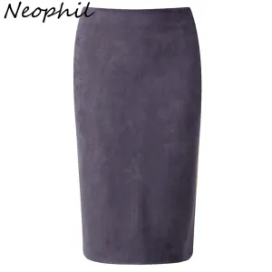 Neophil 2017 Winter Gray Pink Women Suede Midi Pencil Skirts Causal High Waist Sexy Stretch Ladies Office Work Wear Saia S1009