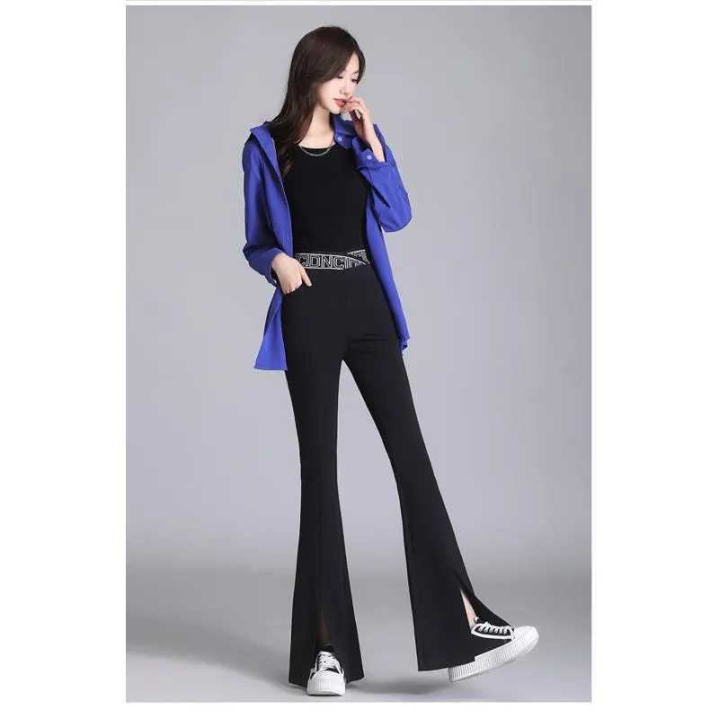 Petite Slit Bell-Bottoms Draping Split Floor-Length High-Waisted Pants