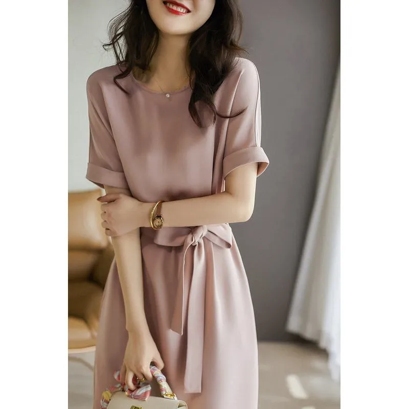 Pink Casual Tie-Up Belted Cinched Waist Dress