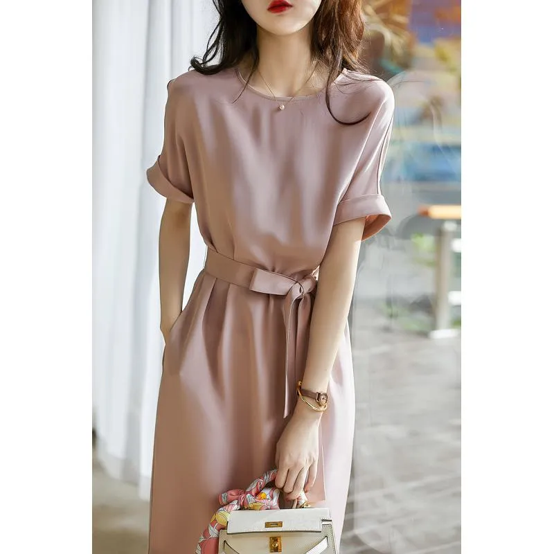 Pink Casual Tie-Up Belted Cinched Waist Dress