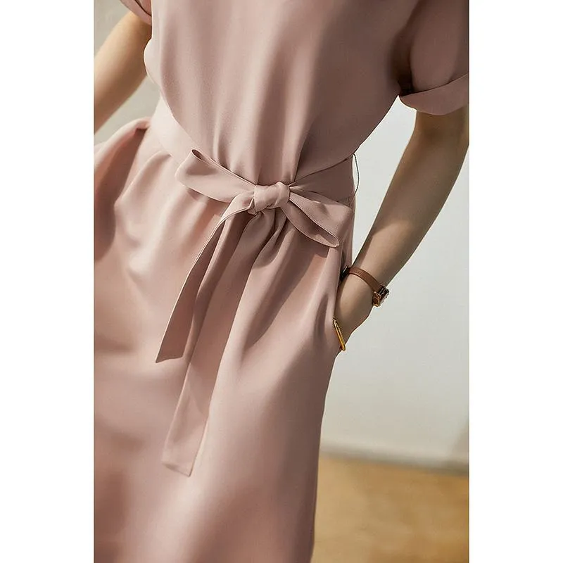 Pink Casual Tie-Up Belted Cinched Waist Dress