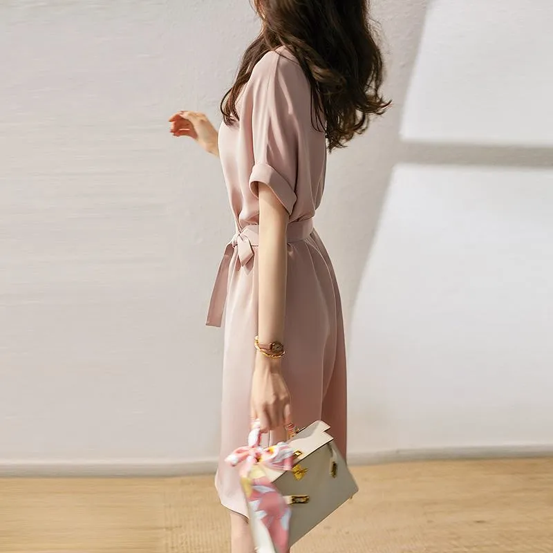 Pink Casual Tie-Up Belted Cinched Waist Dress