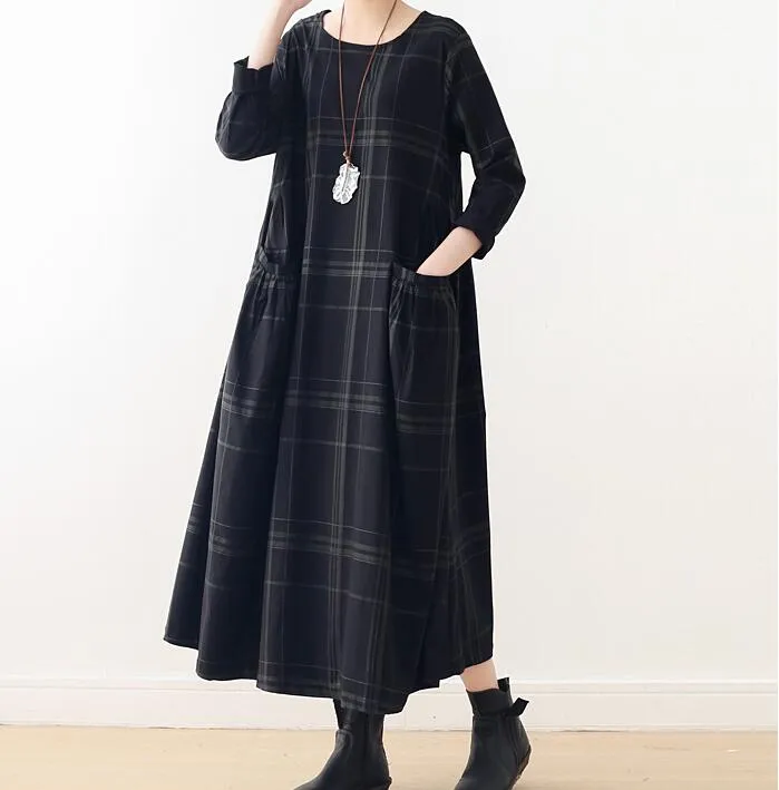 Plaid Spring Cotton Linen Loose Long Dresses Plus Size AMT962328